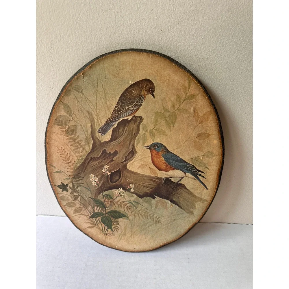 Vintage Set of 4 Bird Wall Plaques Oval Wood Decoupage Cardinal Robin Bluebird
